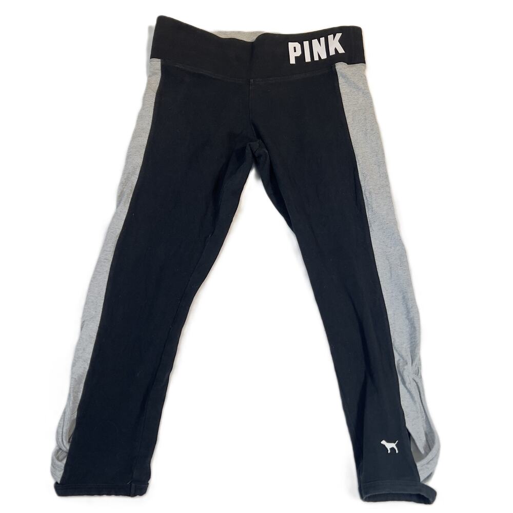 PINK Victoria's Secret Yoga Pant Med Black Pink Logo Waist X Strap Cuffs Legging